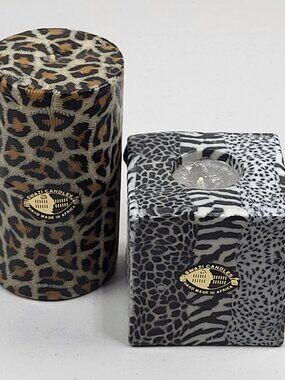 Vtg Pillar Candles Zebra Leopard 5.5" Handmade Wax Safari 90s Swazi South Africa